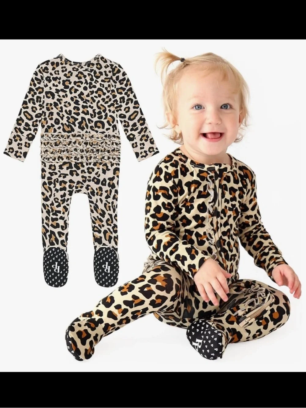 Posh Peanut Leopard Print Ruffle Footed Pajamas - Cream, Brown, Black